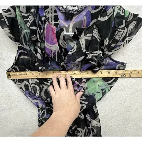 Desigual Top Womens Sz 36 Blouse Button Down Black Purple Graffiti Print Ruffles - Picture 7 of 8